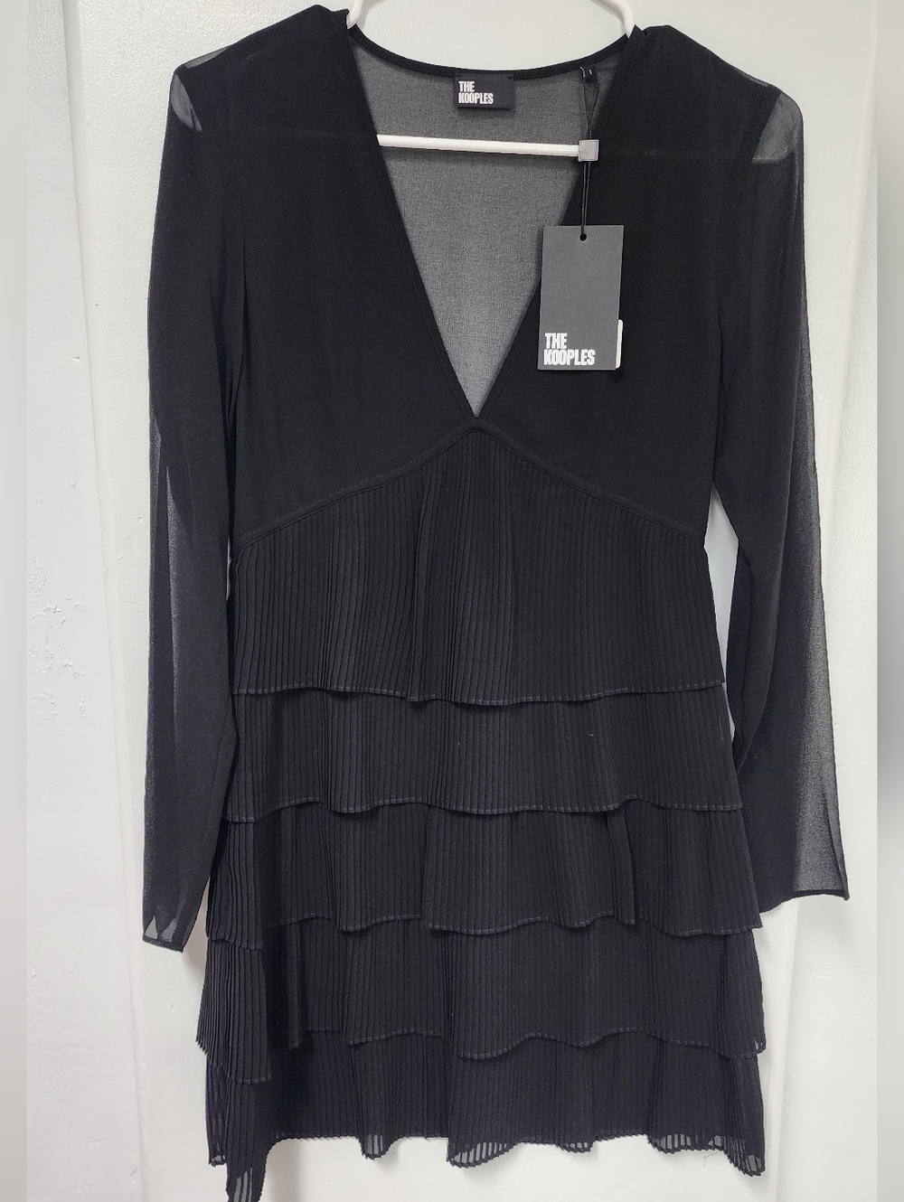 The Kooples Black Long Sleeve Tiered Pleat Dress